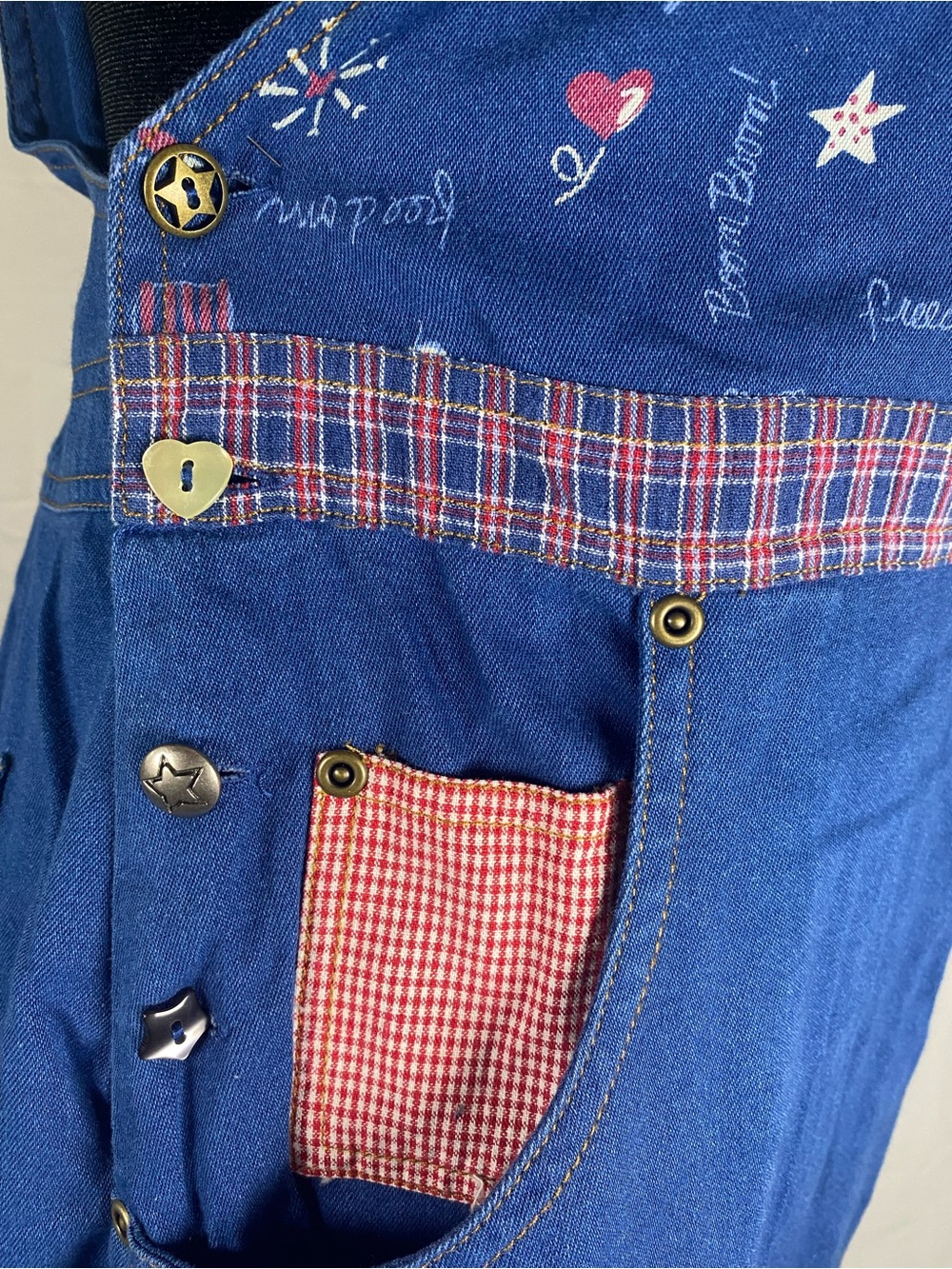 Koret Blue Denim Women's Overalls with Red & White Plaid Trim - Picture 4 of 16